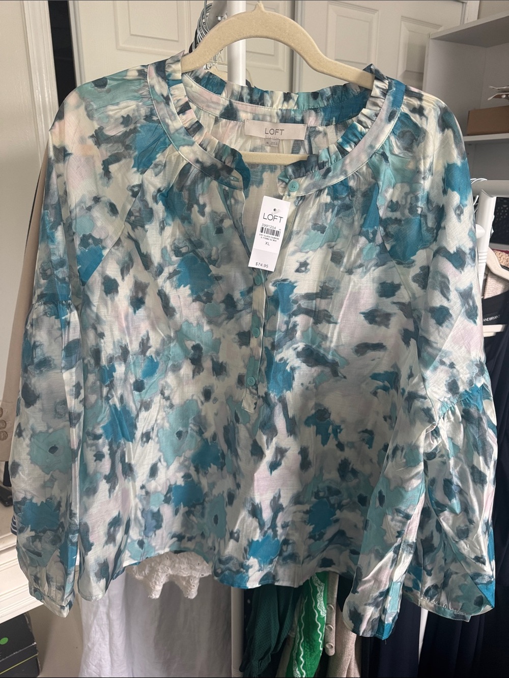 LOFT Teal and White Watercolor Floral Blouse